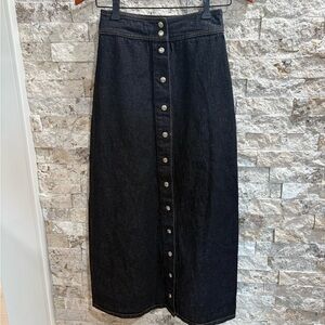 High-Rise Black Button-Front Midi Skirt